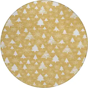 Photo of 8' Gold And Ivory Round Botanical Leaves Washable Indoor Outdoor Area Rug