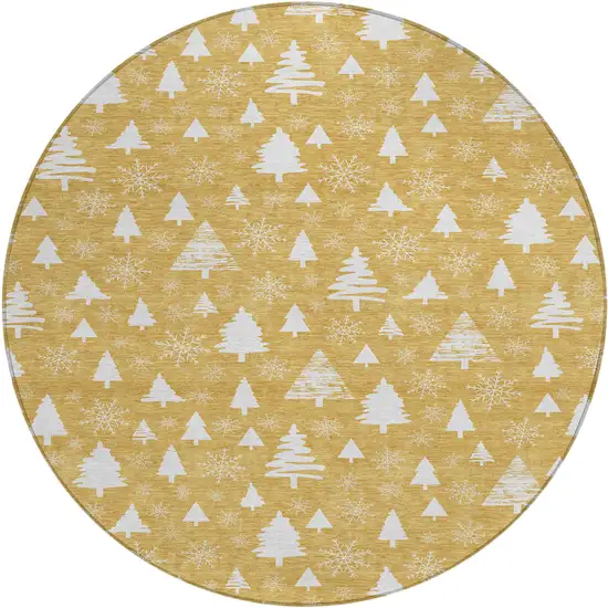 8' Gold And Ivory Round Botanical Leaves Washable Indoor Outdoor Area Rug Photo 1
