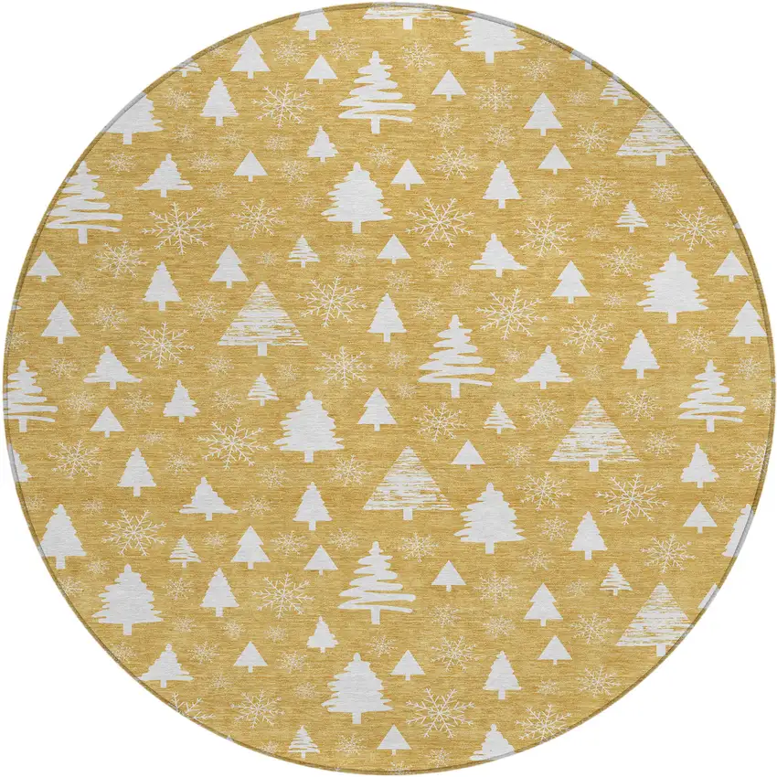 8' Gold And Ivory Round Botanical Leaves Washable Indoor Outdoor Area Rug Photo 1