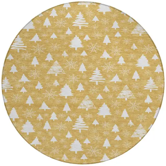 8' Gold And Ivory Round Botanical Leaves Washable Indoor Outdoor Area Rug Photo 3