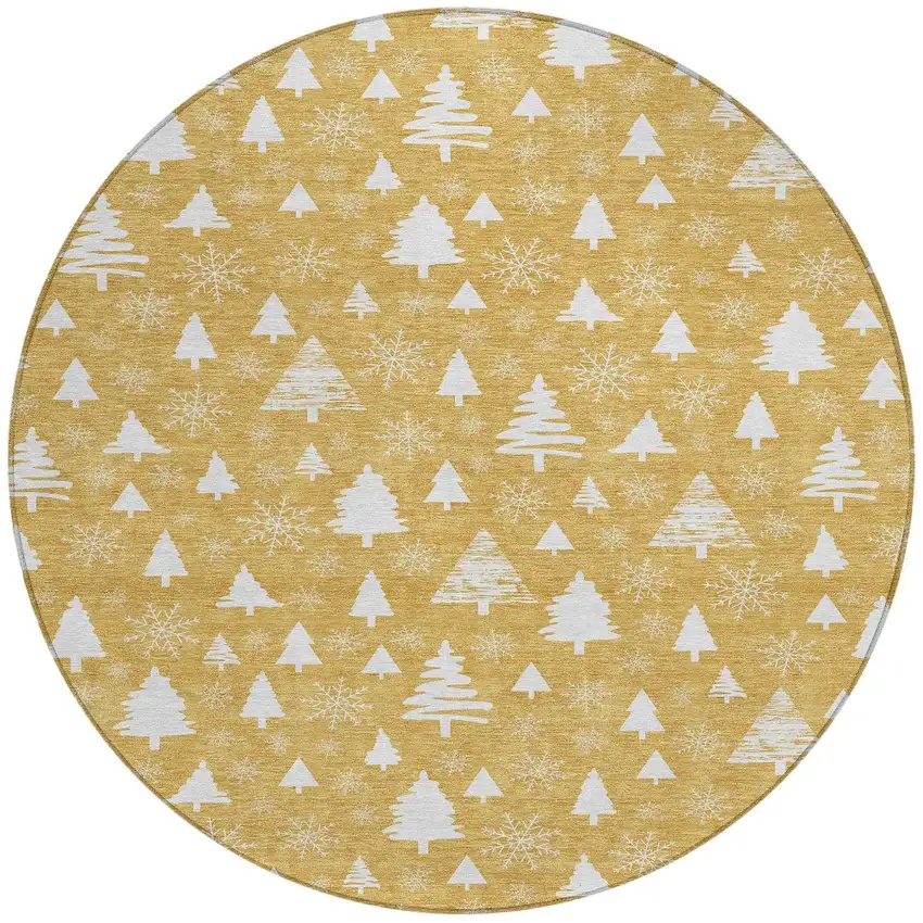 8' Gold And Ivory Round Botanical Leaves Washable Indoor Outdoor Area Rug Photo 3