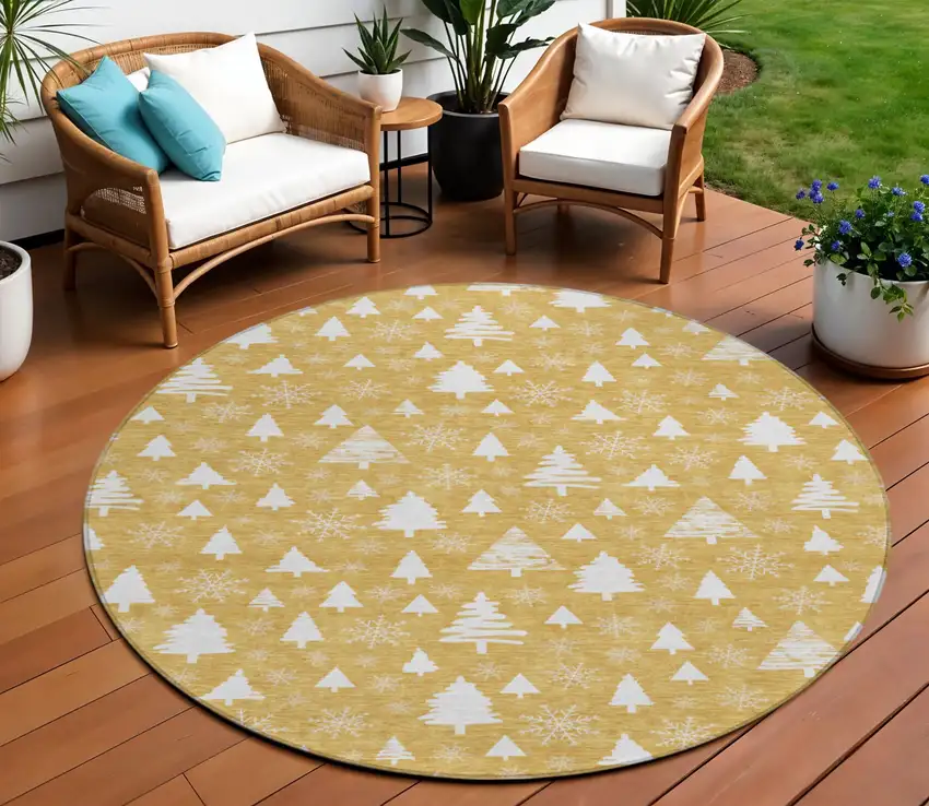 8' Gold And Ivory Round Botanical Leaves Washable Indoor Outdoor Area Rug Photo 2