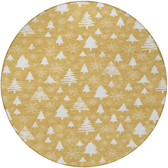 8' Gold And Ivory Round Botanical Leaves Washable Indoor Outdoor Area Rug Photo 4