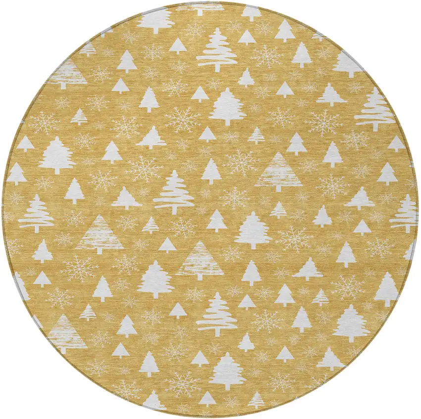 8' Gold And Ivory Round Botanical Leaves Washable Indoor Outdoor Area Rug Photo 4