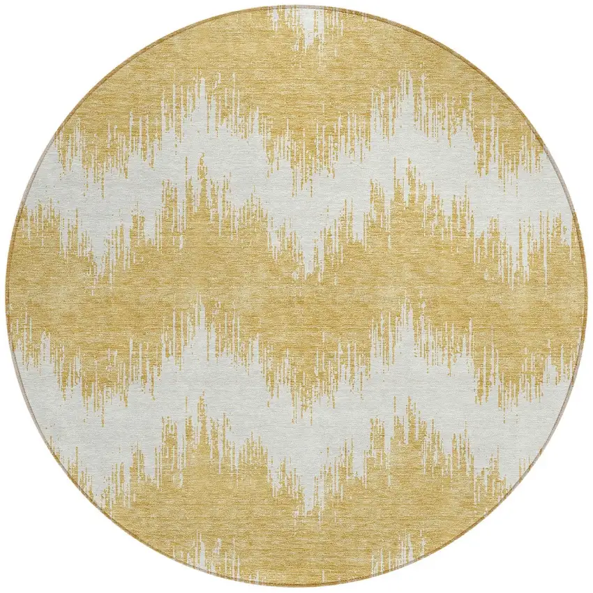 8' Gold And Ivory Round Chevron Washable Indoor Outdoor Area Rug Photo 6