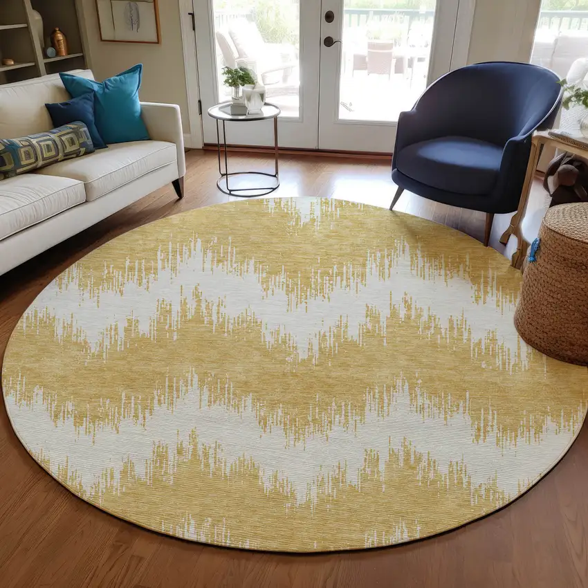 8' Gold And Ivory Round Chevron Washable Indoor Outdoor Area Rug Photo 8