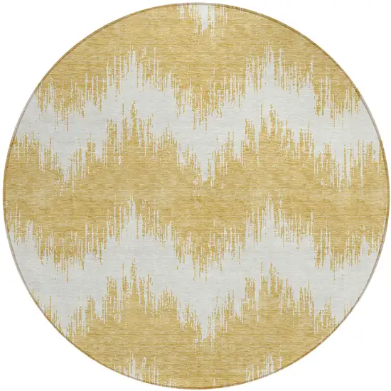8' Gold And Ivory Round Chevron Washable Indoor Outdoor Area Rug Photo 2