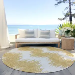 Photo of 8' Gold And Ivory Round Chevron Washable Indoor Outdoor Area Rug