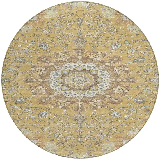 8' Gold And Ivory Round Floral Medallion Washable Indoor Outdoor Area Rug Photo 4