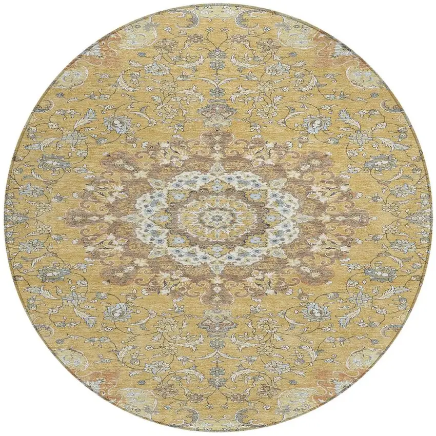 8' Gold And Ivory Round Floral Medallion Washable Indoor Outdoor Area Rug Photo 4