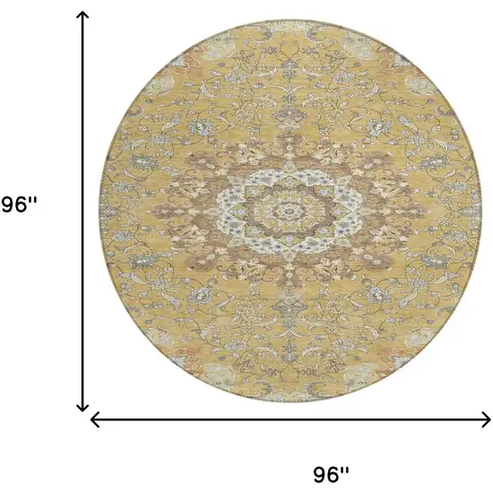 8' Gold And Ivory Round Floral Medallion Washable Indoor Outdoor Area Rug Photo 7