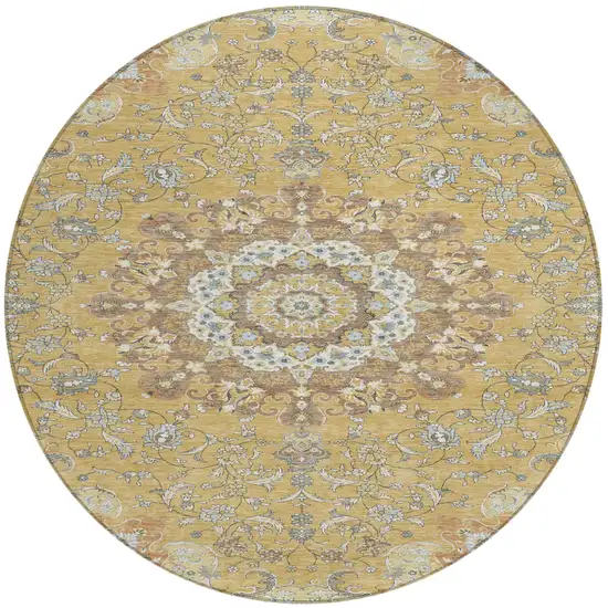8' Gold And Ivory Round Floral Medallion Washable Indoor Outdoor Area Rug Photo 2