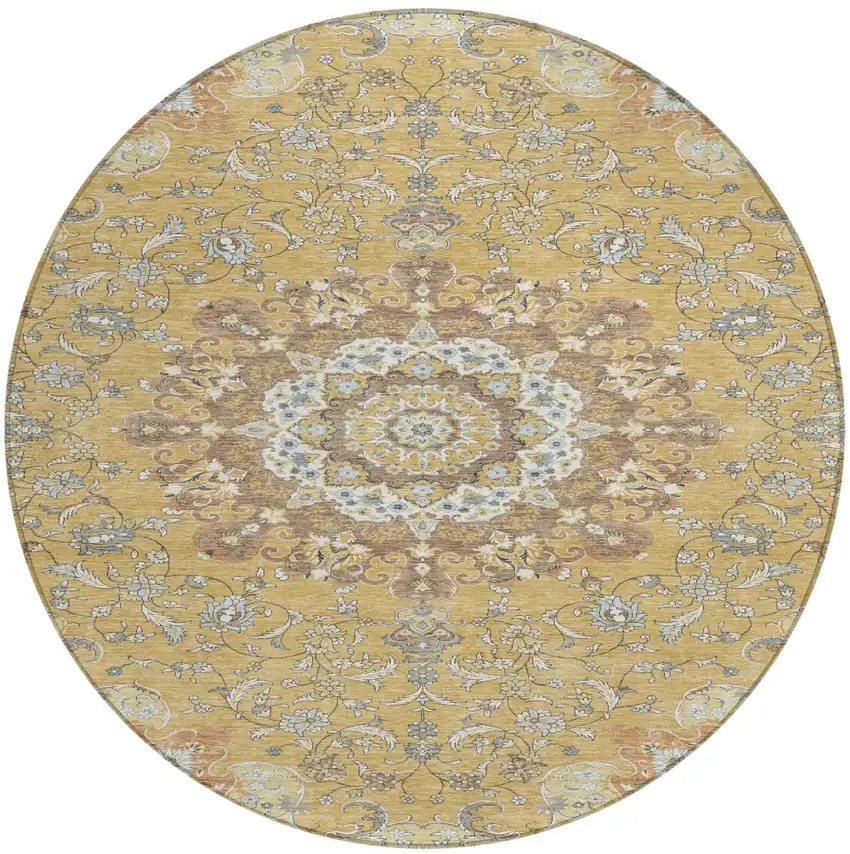 8' Gold And Ivory Round Floral Medallion Washable Indoor Outdoor Area Rug Photo 2