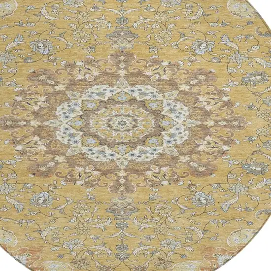 8' Gold And Ivory Round Floral Medallion Washable Indoor Outdoor Area Rug Photo 3