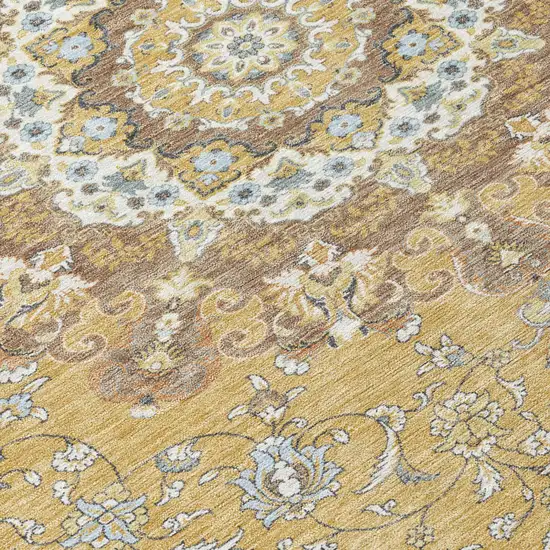8' Gold And Ivory Round Floral Medallion Washable Indoor Outdoor Area Rug Photo 6