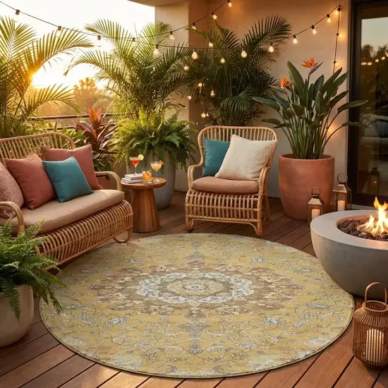 8' Gold And Ivory Round Floral Medallion Washable Indoor Outdoor Area Rug Photo 1