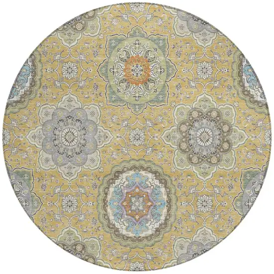 8' Gold And Ivory Round Floral Medallion Washable Indoor Outdoor Area Rug Photo 3