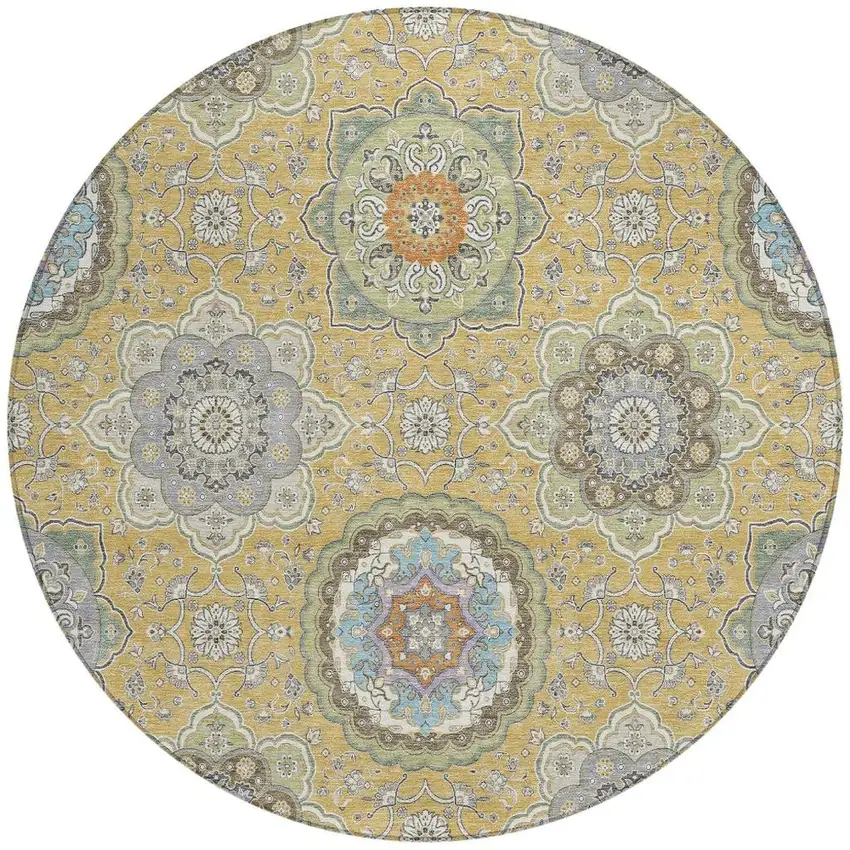 8' Gold And Ivory Round Floral Medallion Washable Indoor Outdoor Area Rug Photo 3