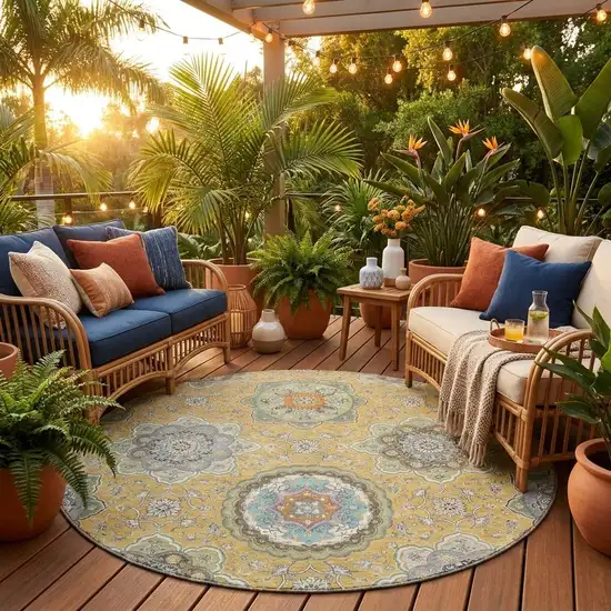 8' Gold And Ivory Round Floral Medallion Washable Indoor Outdoor Area Rug Photo 1