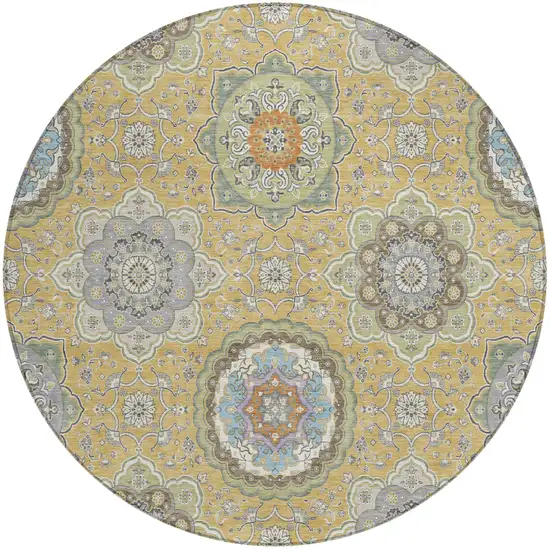 8' Gold And Ivory Round Floral Medallion Washable Indoor Outdoor Area Rug Photo 2