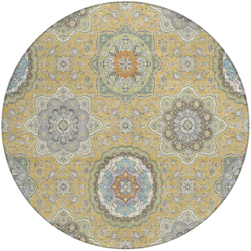 8' Gold And Ivory Round Floral Medallion Washable Indoor Outdoor Area Rug Photo 2