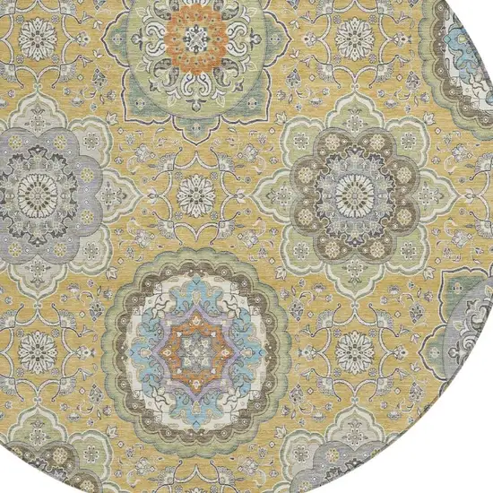 8' Gold And Ivory Round Floral Medallion Washable Indoor Outdoor Area Rug Photo 5