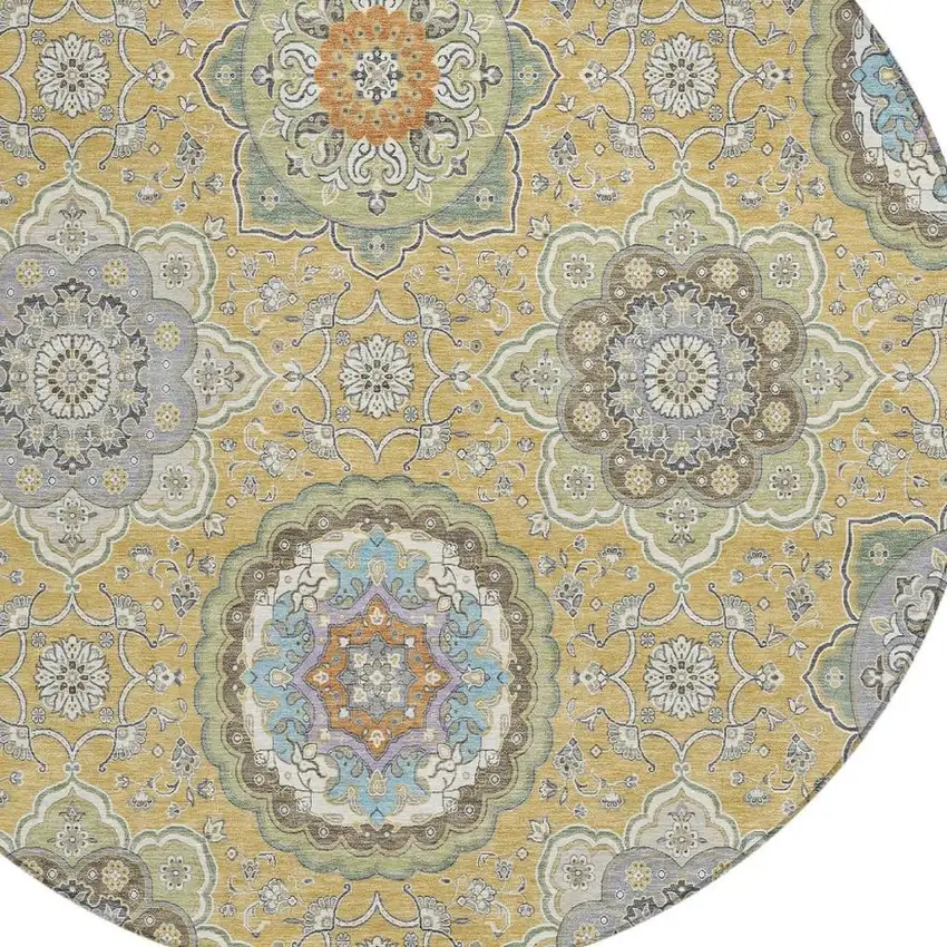 8' Gold And Ivory Round Floral Medallion Washable Indoor Outdoor Area Rug Photo 5