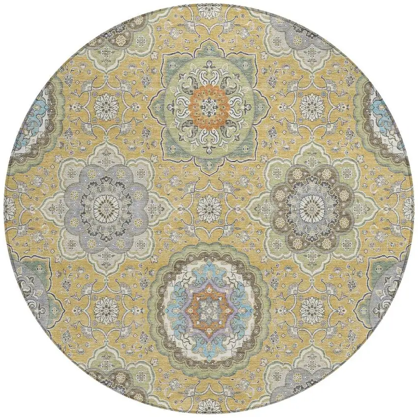 8' Gold And Ivory Round Floral Medallion Washable Indoor Outdoor Area Rug Photo 4
