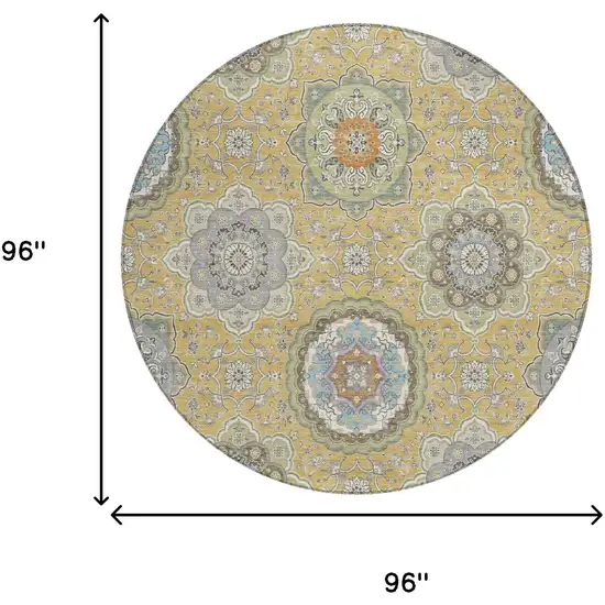 8' Gold And Ivory Round Floral Medallion Washable Indoor Outdoor Area Rug Photo 8