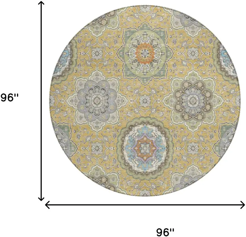 8' Gold And Ivory Round Floral Medallion Washable Indoor Outdoor Area Rug Photo 8