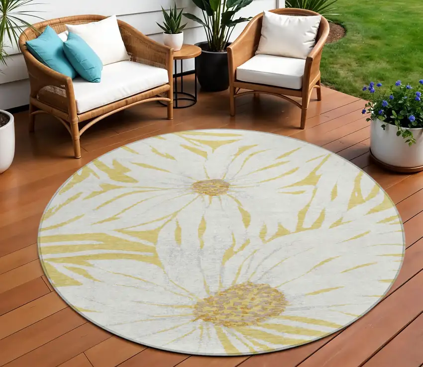 8' Gold And Ivory Round Floral Washable Indoor Outdoor Area Rug Photo 1