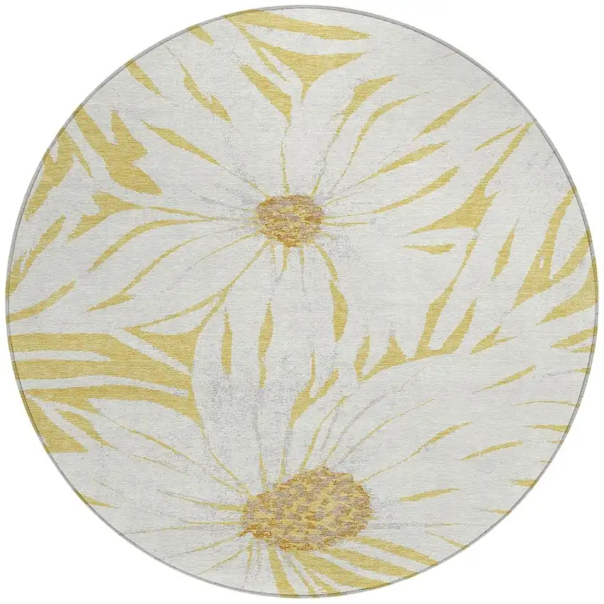 8' Gold And Ivory Round Floral Washable Indoor Outdoor Area Rug Photo 4