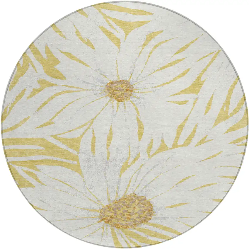 8' Gold And Ivory Round Floral Washable Indoor Outdoor Area Rug Photo 2