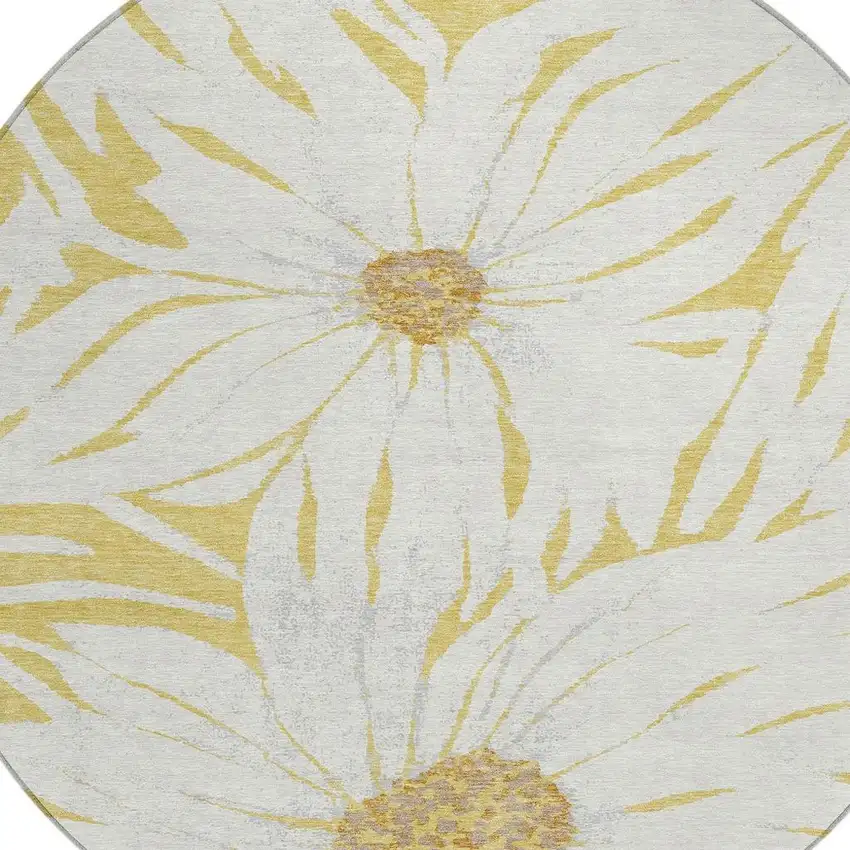 8' Gold And Ivory Round Floral Washable Indoor Outdoor Area Rug Photo 6