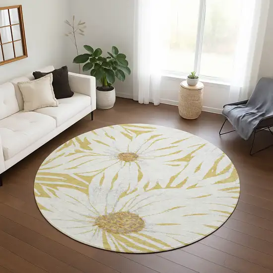 8' Gold And Ivory Round Floral Washable Indoor Outdoor Area Rug Photo 8