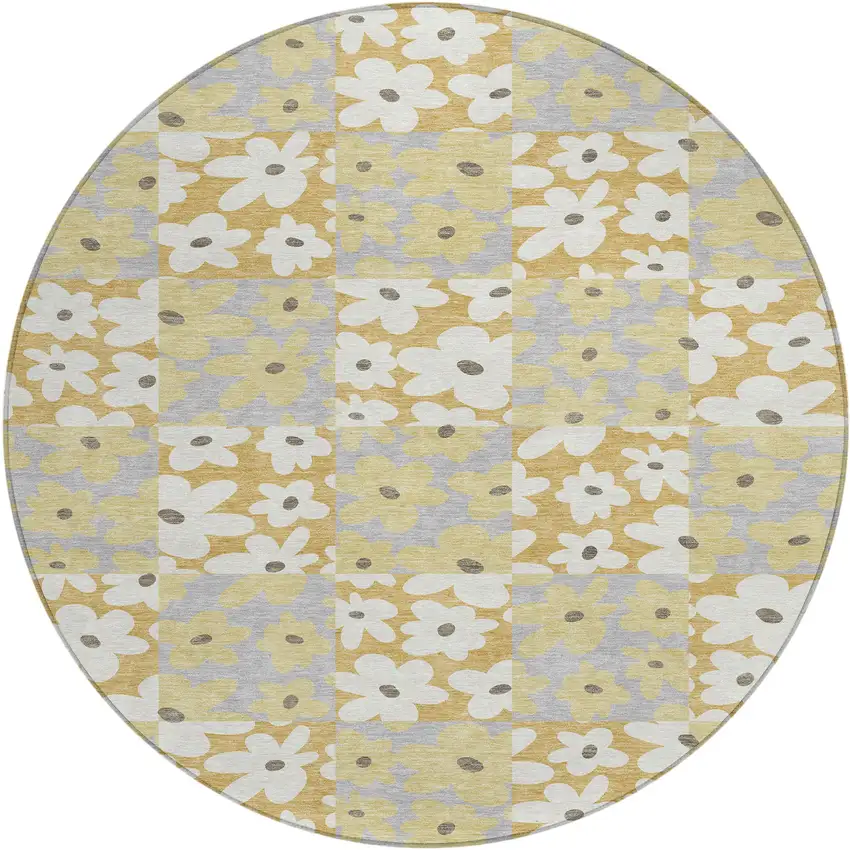 8' Gold And Ivory Round Floral Washable Indoor Outdoor Area Rug Photo 1