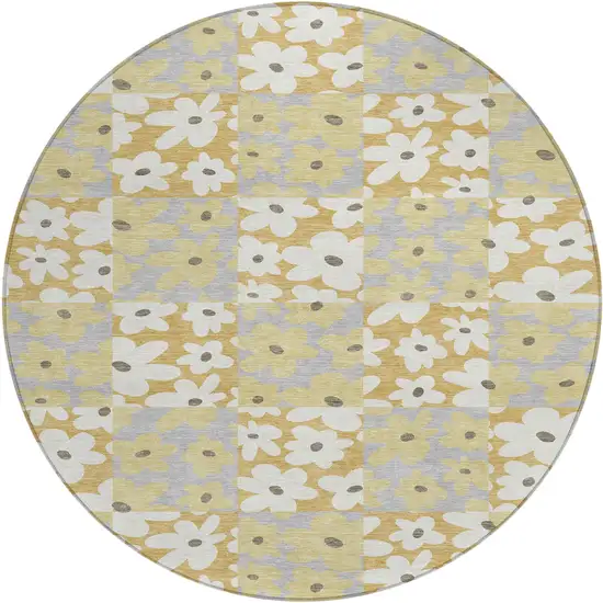 8' Gold And Ivory Round Floral Washable Indoor Outdoor Area Rug Photo 1