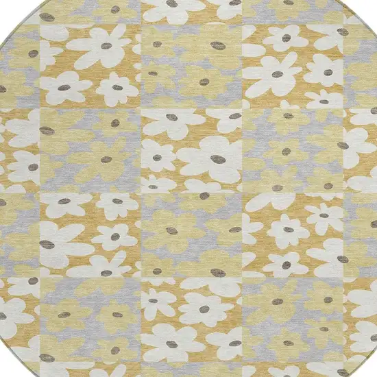 8' Gold And Ivory Round Floral Washable Indoor Outdoor Area Rug Photo 2