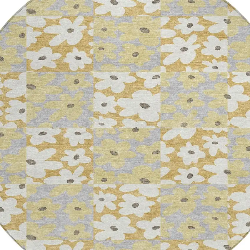 8' Gold And Ivory Round Floral Washable Indoor Outdoor Area Rug Photo 2
