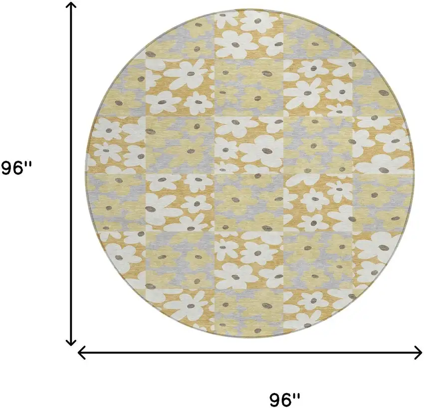 8' Gold And Ivory Round Floral Washable Indoor Outdoor Area Rug Photo 8