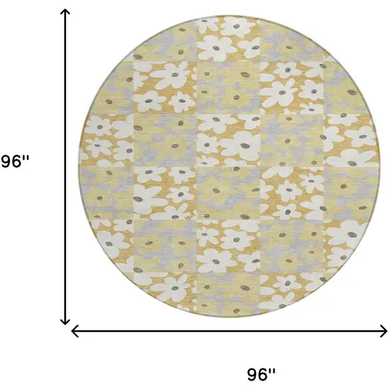 8' Gold And Ivory Round Floral Washable Indoor Outdoor Area Rug Photo 8