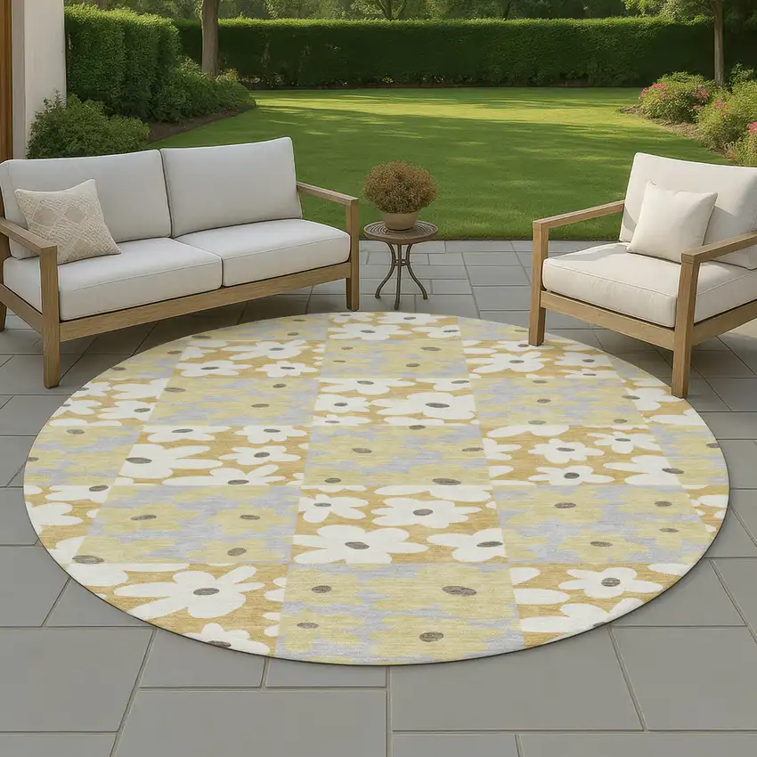 8' Gold And Ivory Round Floral Washable Indoor Outdoor Area Rug Photo 4