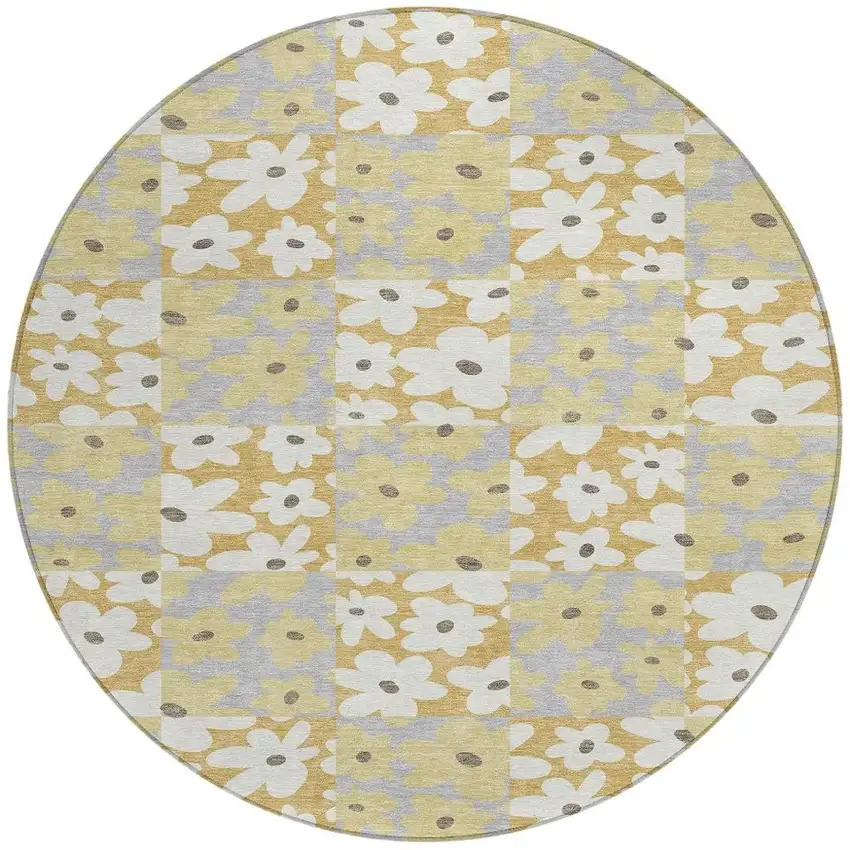 8' Gold And Ivory Round Floral Washable Indoor Outdoor Area Rug Photo 3