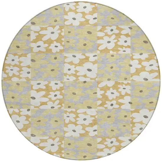 8' Gold And Ivory Round Floral Washable Indoor Outdoor Area Rug Photo 3