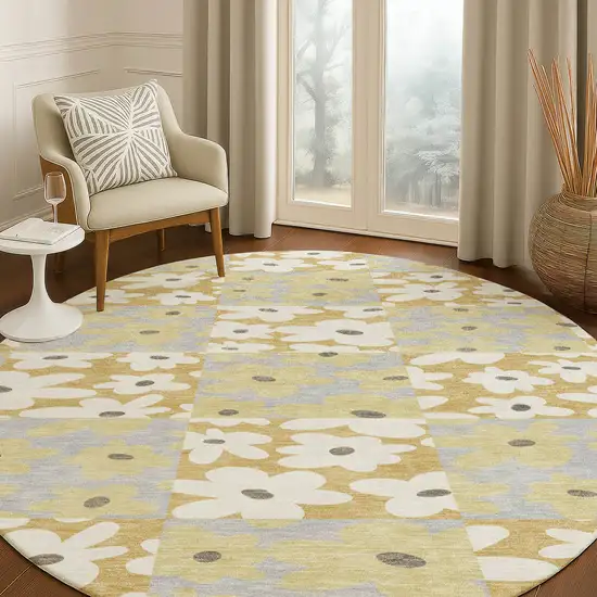 8' Gold And Ivory Round Floral Washable Indoor Outdoor Area Rug Photo 5