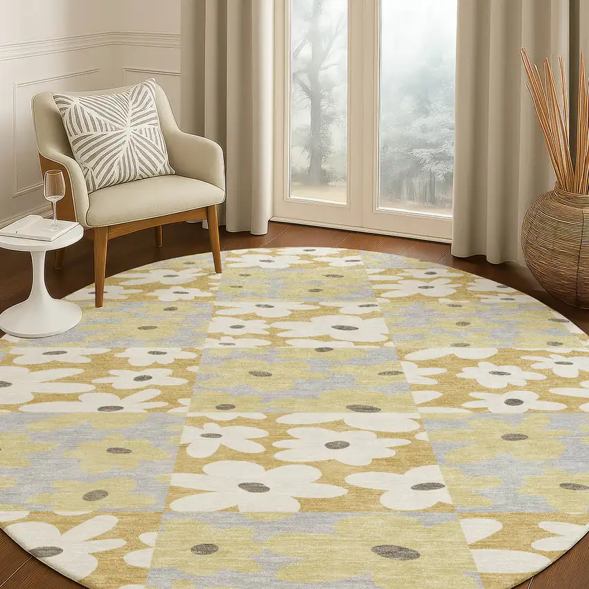 8' Gold And Ivory Round Floral Washable Indoor Outdoor Area Rug Photo 5