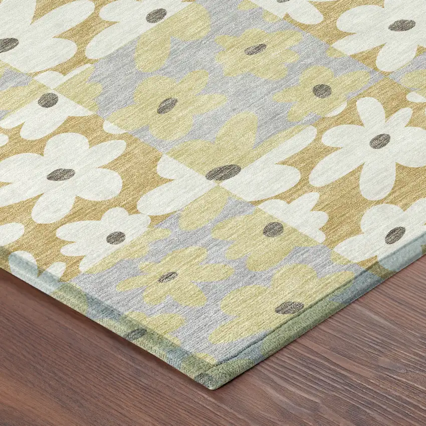 8' Gold And Ivory Round Floral Washable Indoor Outdoor Area Rug Photo 6