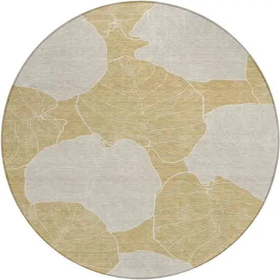 8' Gold And Ivory Round Floral Washable Indoor Outdoor Area Rug Photo 1