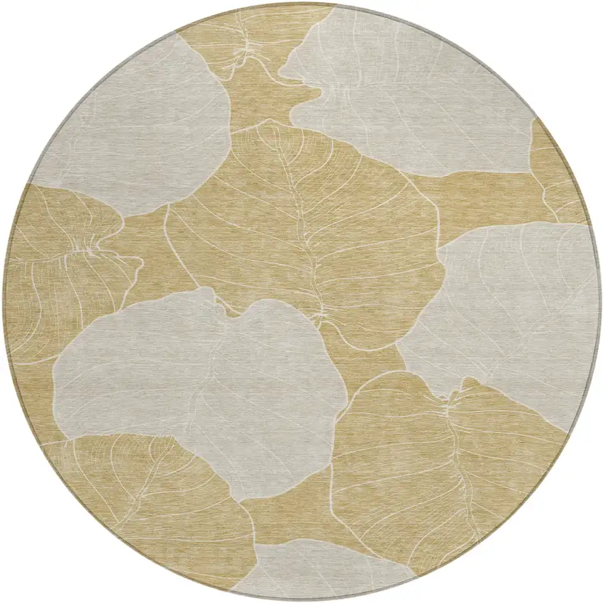 8' Gold And Ivory Round Floral Washable Indoor Outdoor Area Rug Photo 1