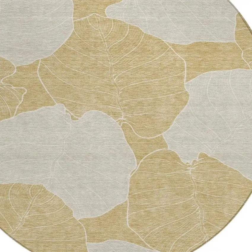8' Gold And Ivory Round Floral Washable Indoor Outdoor Area Rug Photo 2